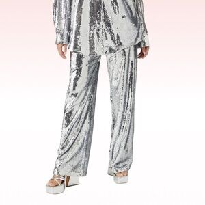 FOREVER 21 Silver Sequin Wide Leg Pants (Sz M)